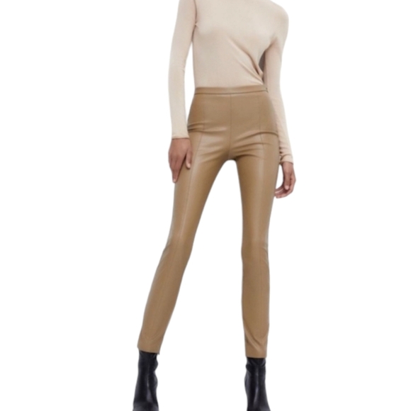 ZARA Legging Stretch Faux Leather Skinny Leg Pants, color Camel, L - Picture 1 of 14